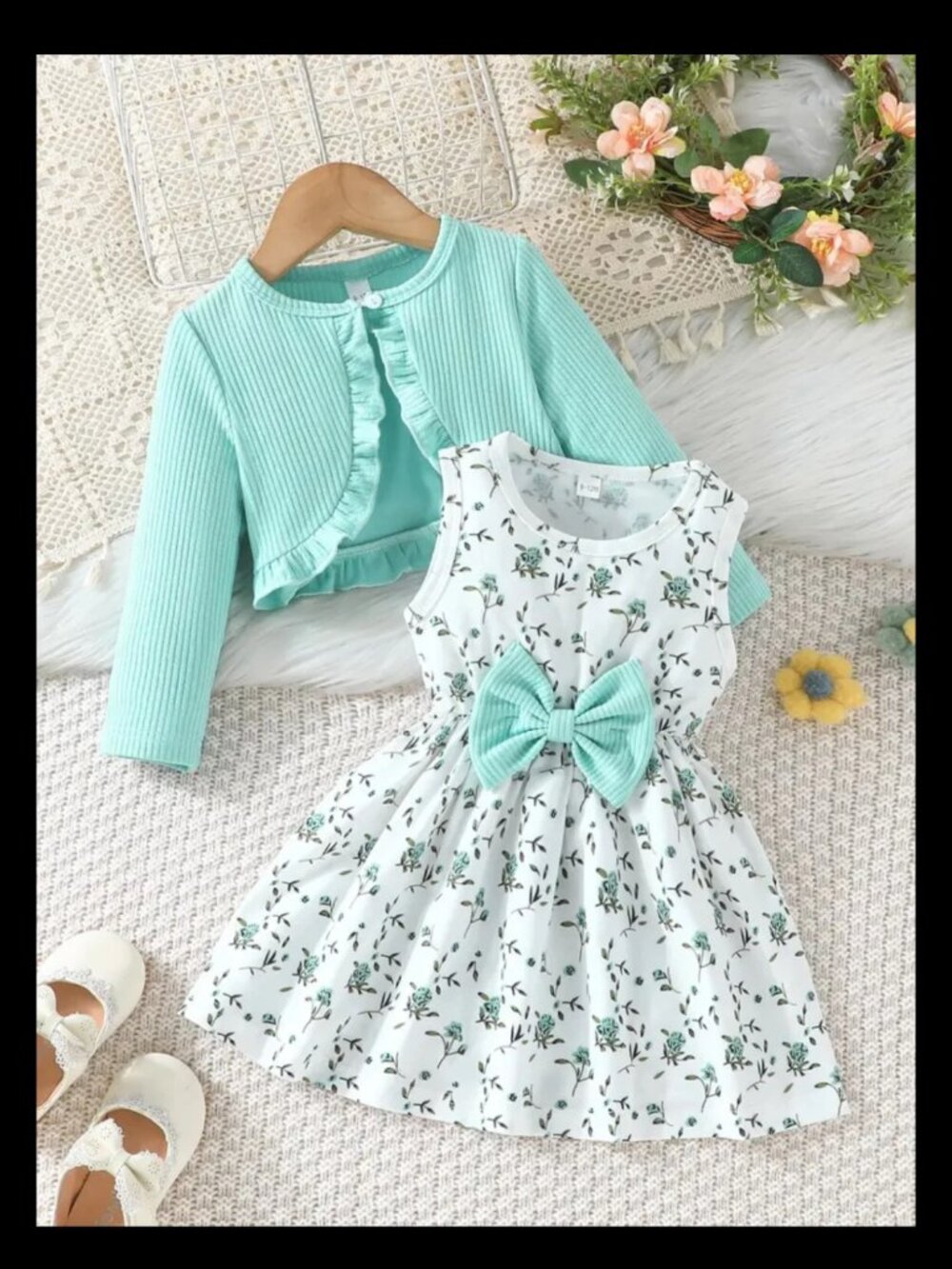 New Girls Green Floral Print Sleeveless Dress With Cardigan Size 12-18M